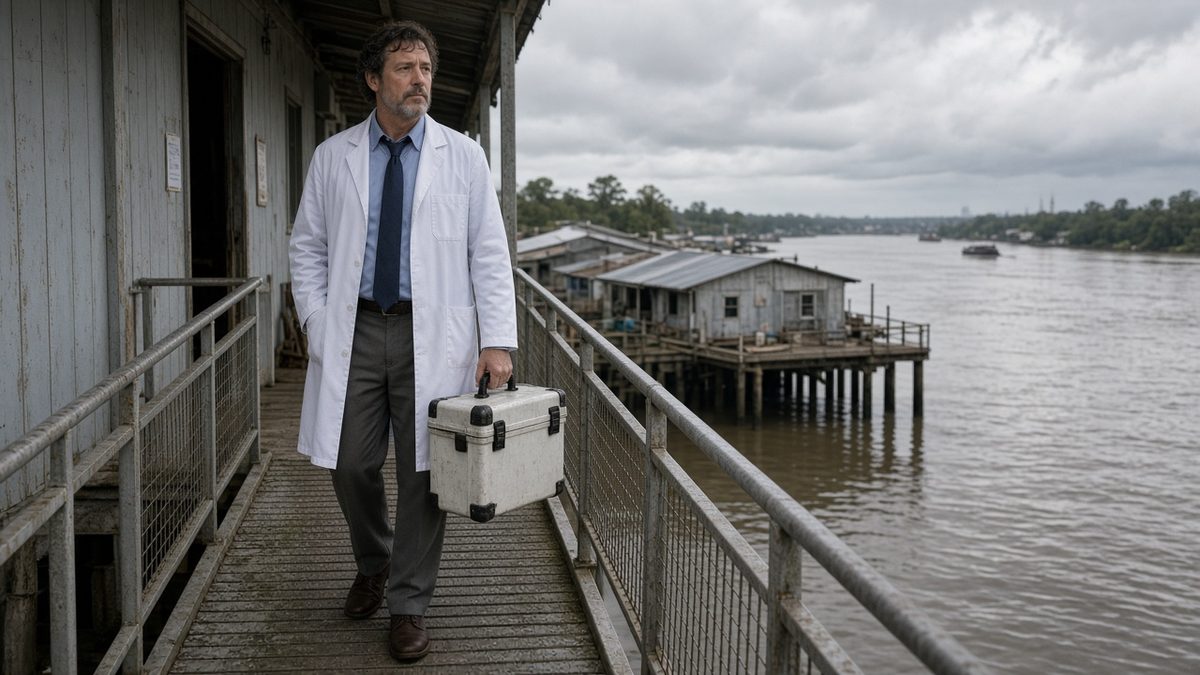 A river-town doctor stands on a clinic dock ramp with a first-aid case.