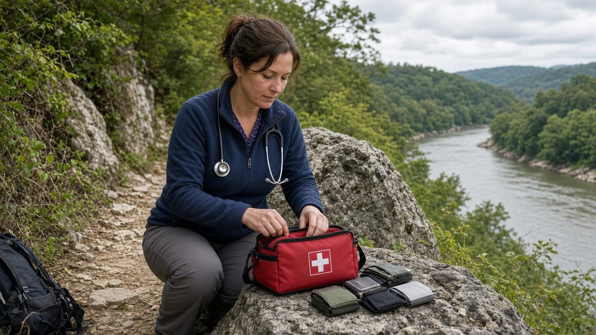 A physician opens a wilderness first-aid kit on a short bluff trail.