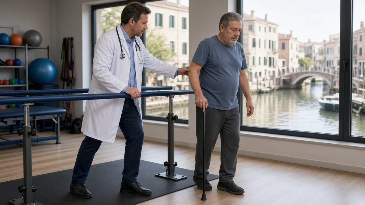 A doctor demonstrates cane gait for a patient between parallel bars.