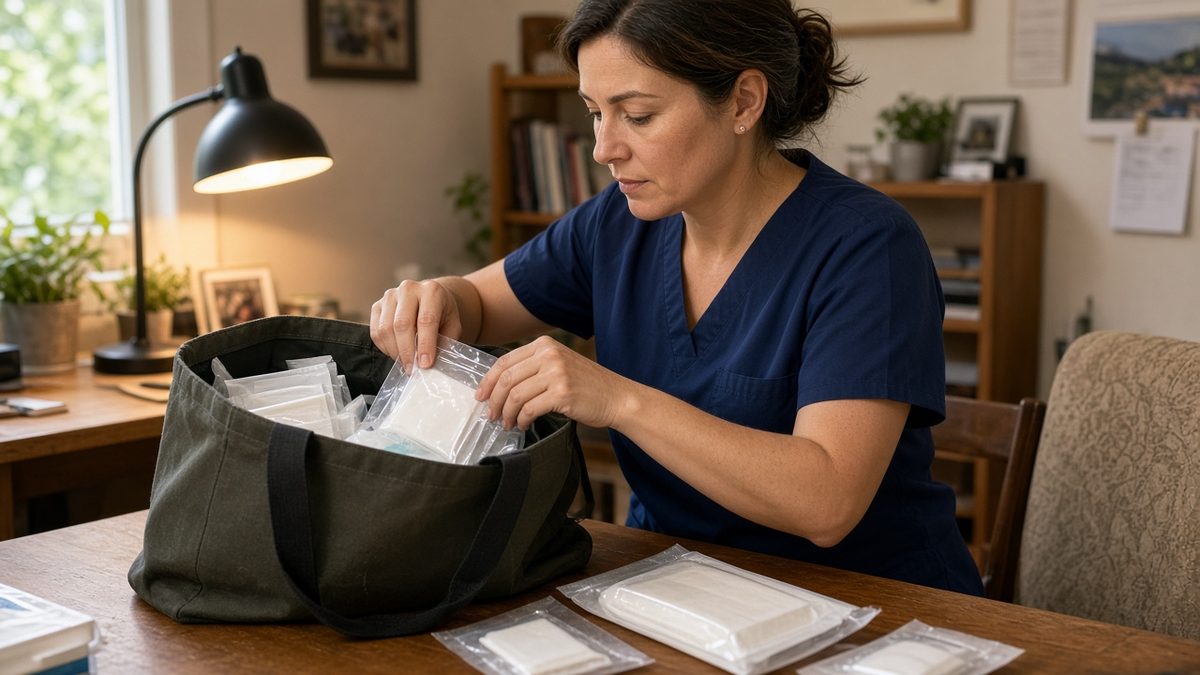 A clinician packs sealed wound-care supplies into a home-visit tote.