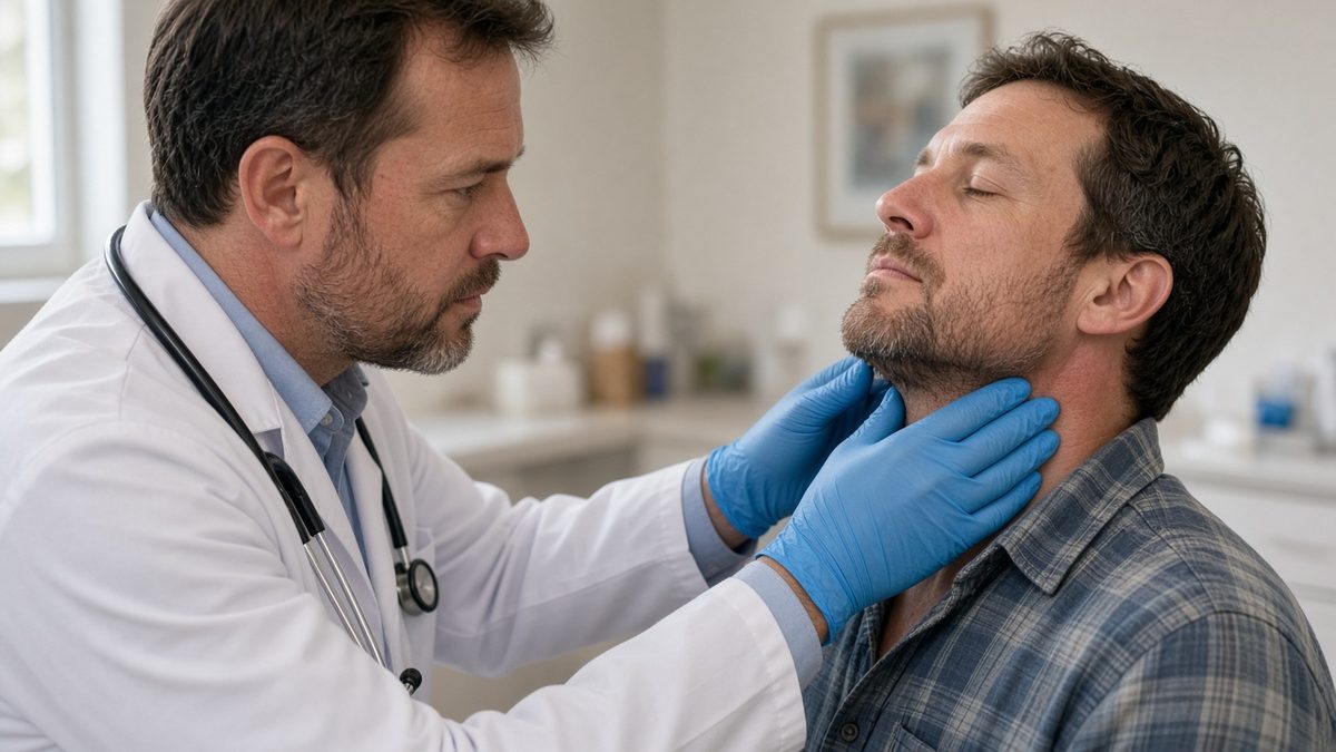 A doctor gently checks an adult patient's neck lymph nodes.