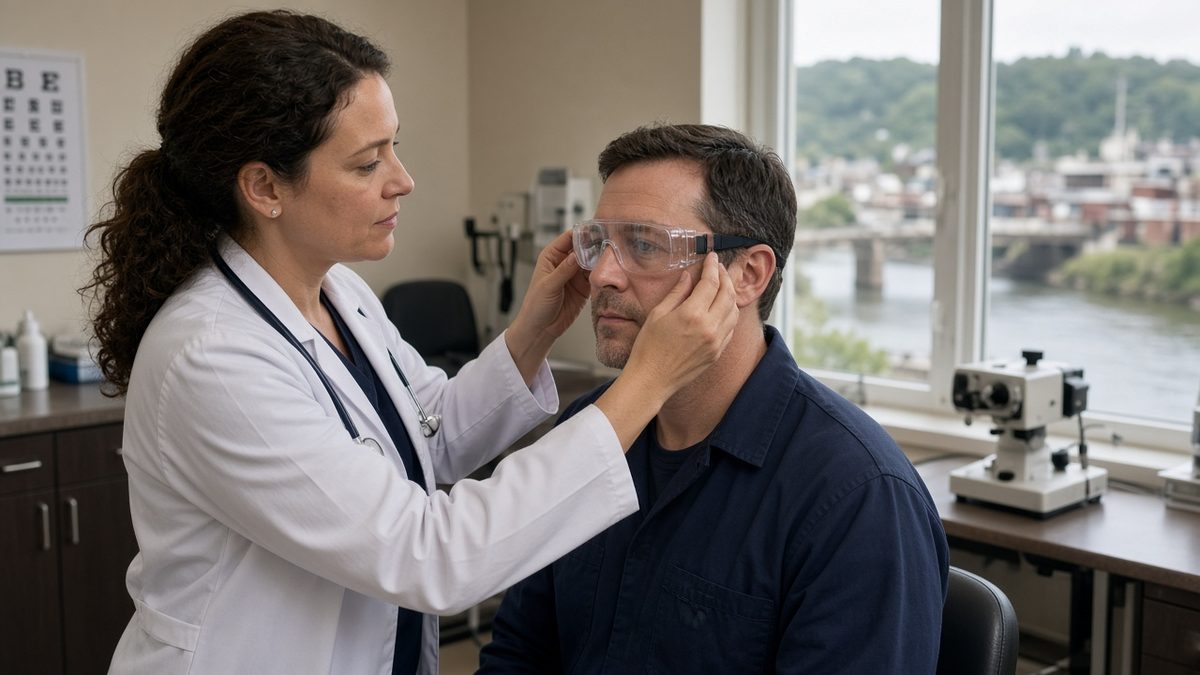A clinic doctor fits safety goggles on a worker before a vision screen.