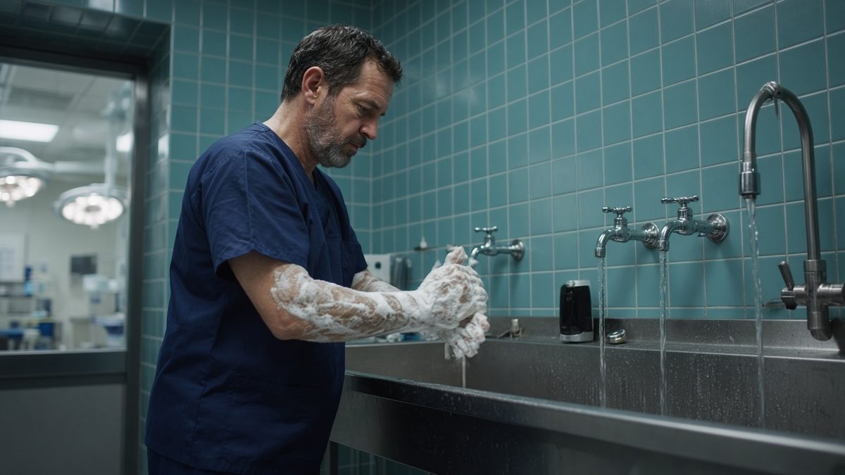 A trauma surgeon scrubs at a wide surgical sink with foam to the elbows.