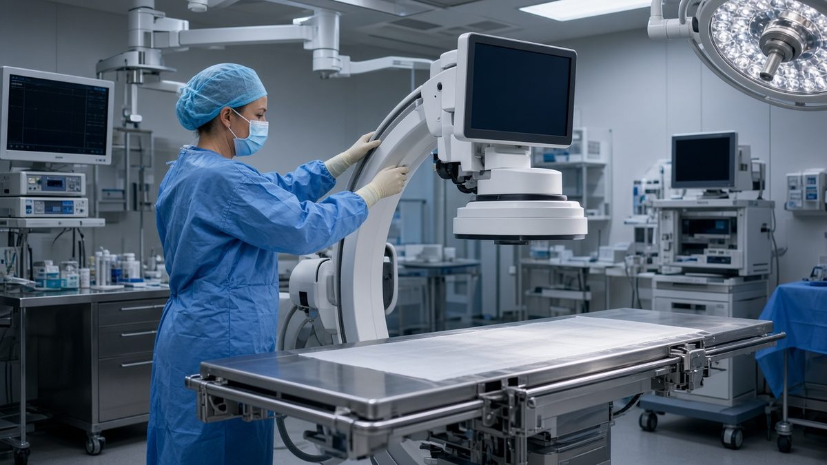 A physician aligns a C-arm X-ray machine over an empty procedure table.