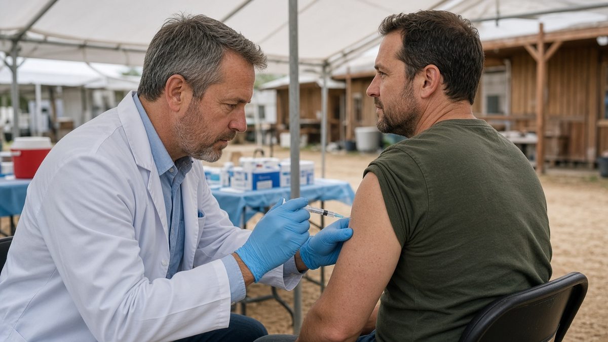 A rural doctor vaccinates an adult patient's upper arm with a sealed syringe.