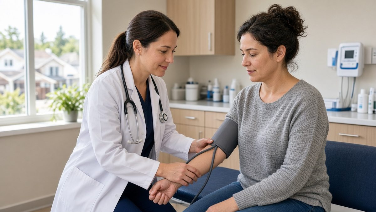 A family doctor checks an adult parent's blood pressure in a bright clinic.