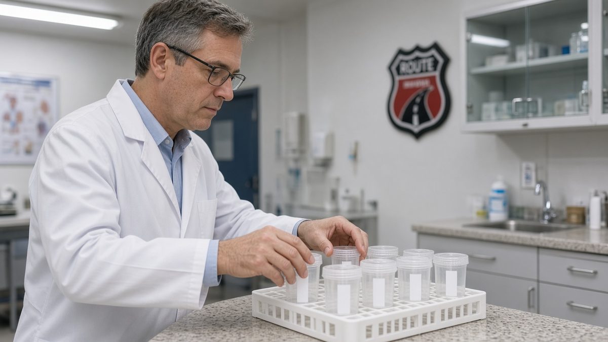 A clinician reviews a rack of sealed blank-labeled urine cups.