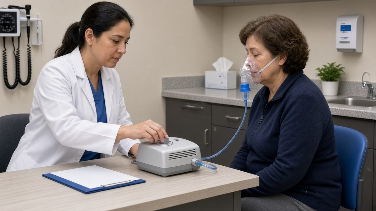 A doctor adjusts a nebulizer compressor for a seated adult patient.