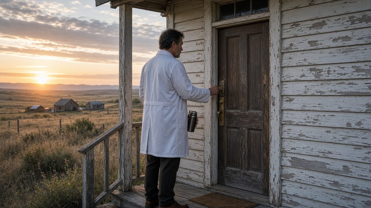 A village doctor unlocks the clinic front door at prairie sunrise.