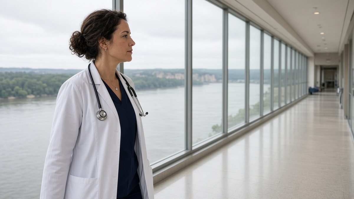 A hospitalist walks a riverside hospital corridor with tall windows.