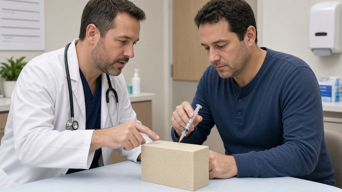 A clinician teaches self-injection into a foam pad with a training syringe.