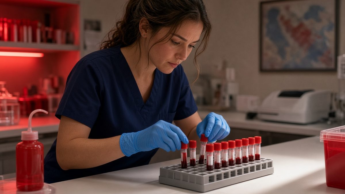 A doctor arranges sealed red-top blood tubes in a tray under task light.