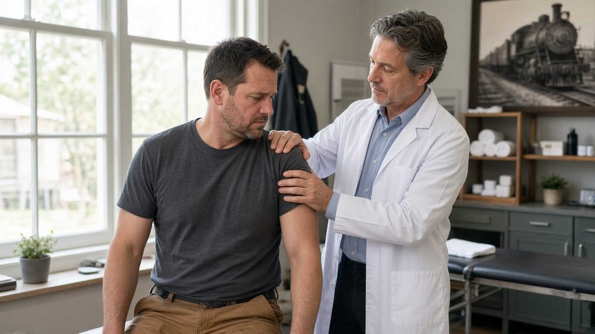 A doctor stretches an adult patient's shoulder in an occupational PT corner.