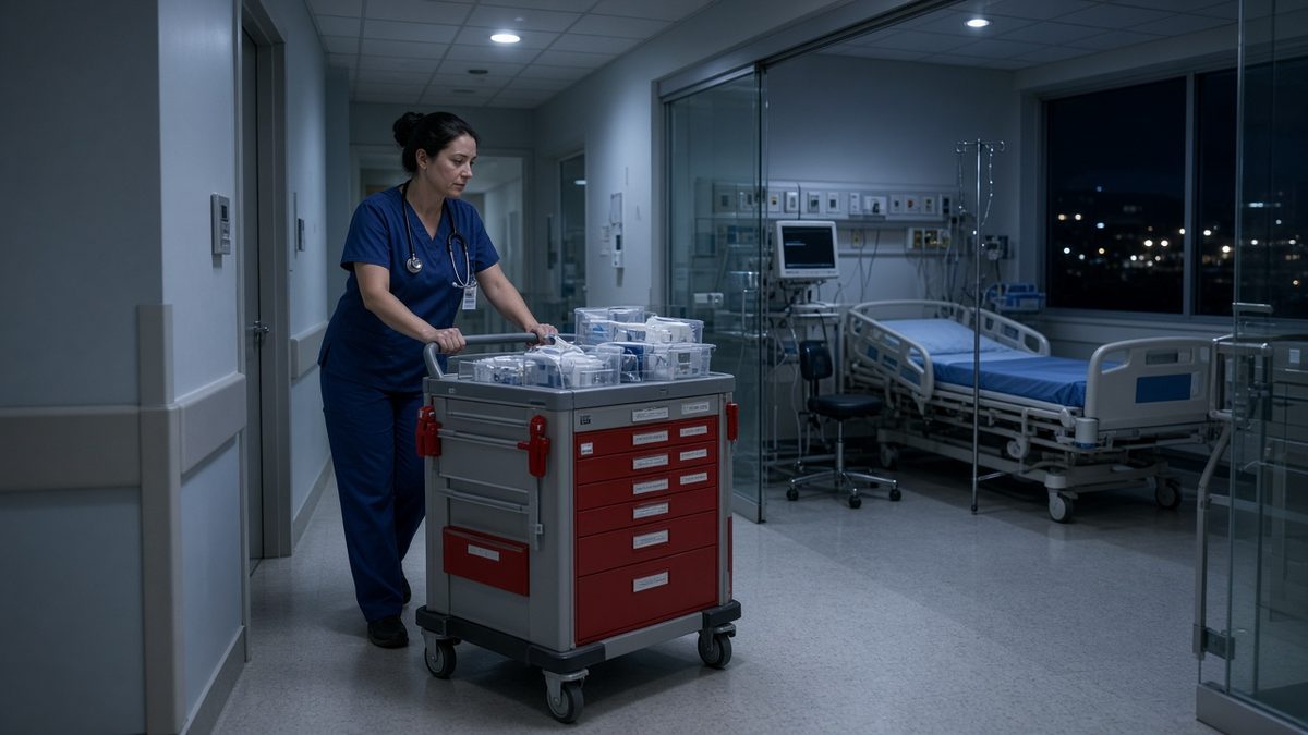 A hospitalist pushes a crash cart around a corner into a quiet ICU alcove.