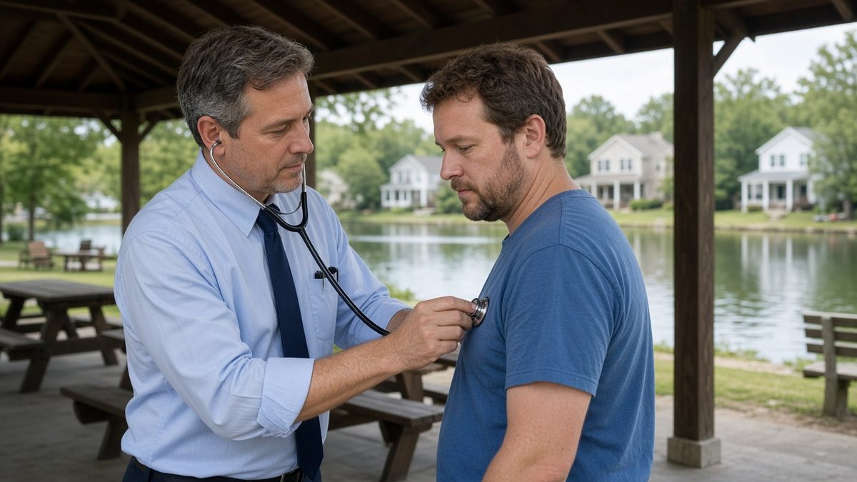 A doctor listens to a patient's lungs under an outdoor clinic pavilion.