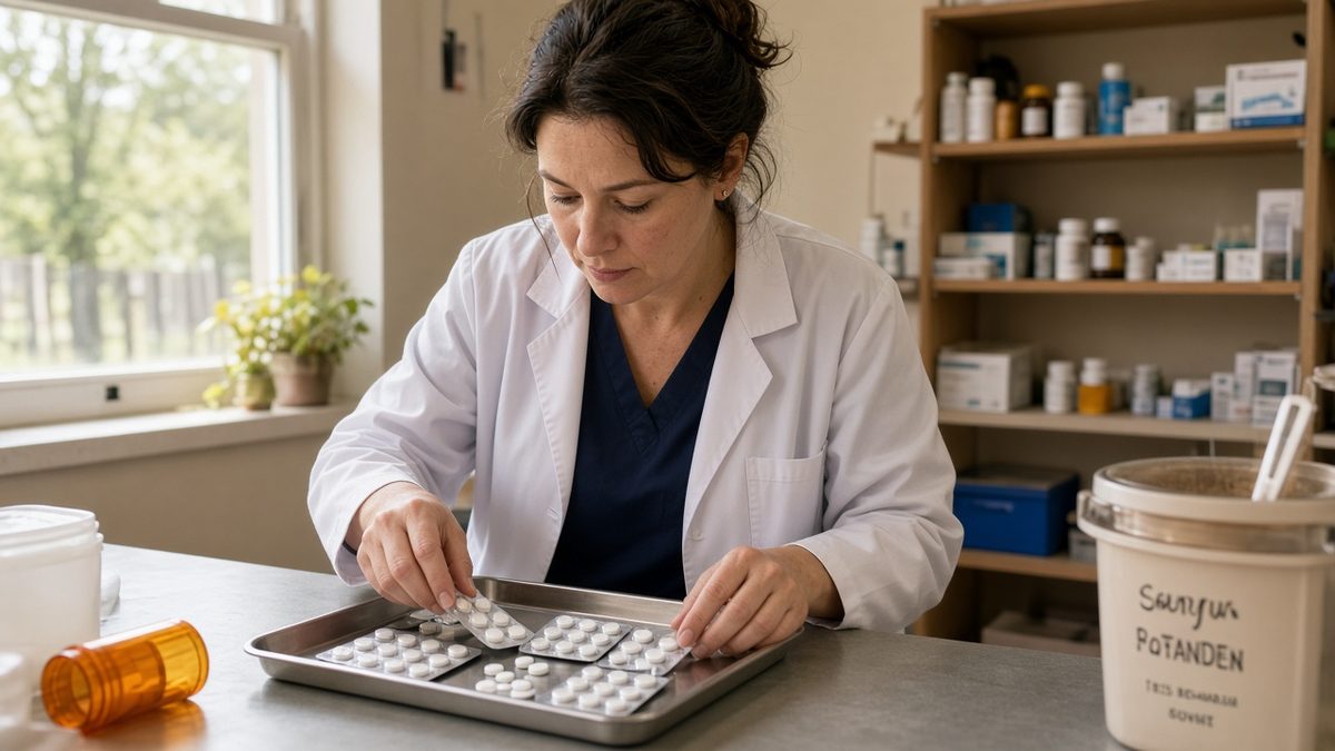 A rural physician counts sealed blister packs of tablets on a tray.