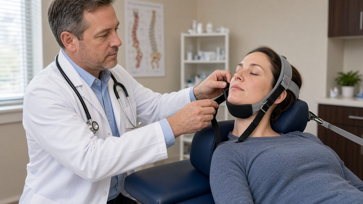 A doctor adjusts a cervical traction harness on an adult patient.