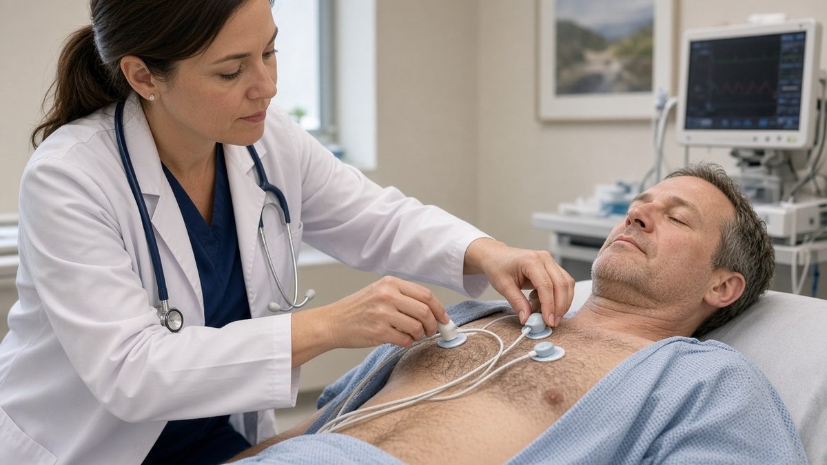 A clinician places EKG suction-cup leads on an adult patient's chest.