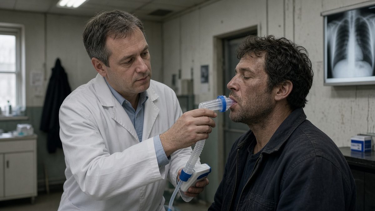 A doctor checks a spirometry mouthpiece seal for an adult patient.