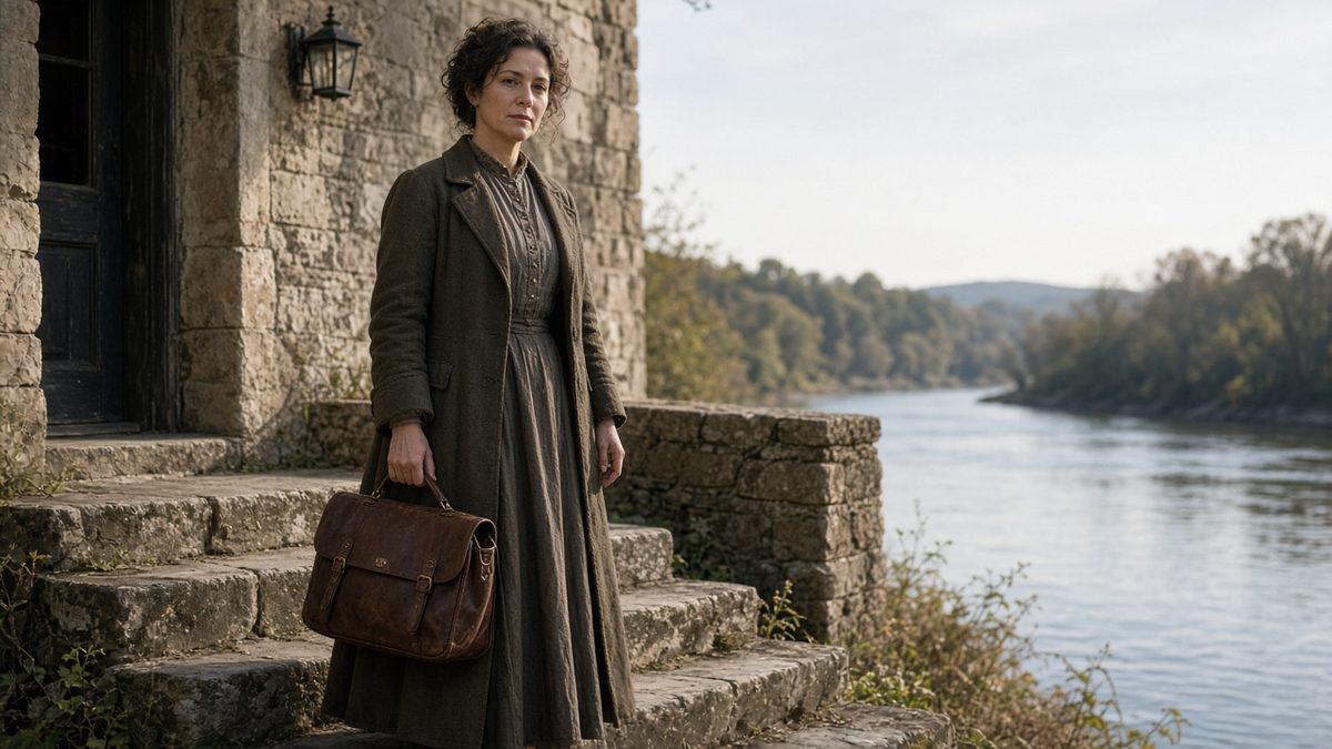 A doctor stands on stone clinic steps with a leather satchel.