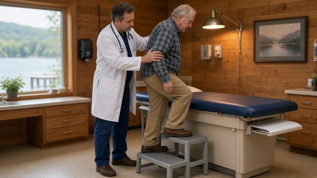 A physician helps an adult patient onto an exam table using a step stool.