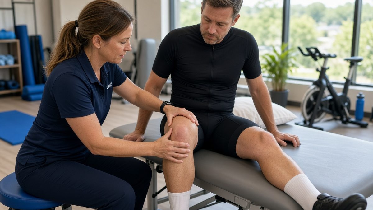 A sports-medicine doctor examines a cyclist's knee on a treatment bench.