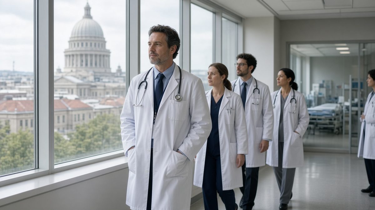 An attending leads residents on rounds past a soft hospital window view.