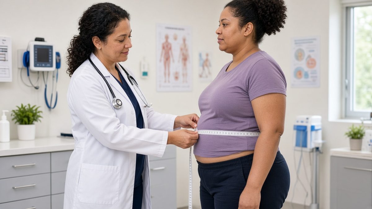 A clinic doctor measures an adult patient's waist with a soft tape.
