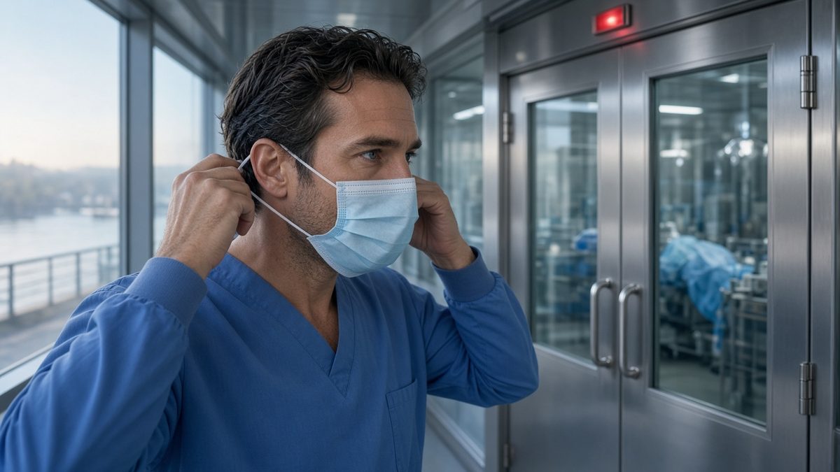 A surgeon ties a surgical mask before entering operating-room doors.