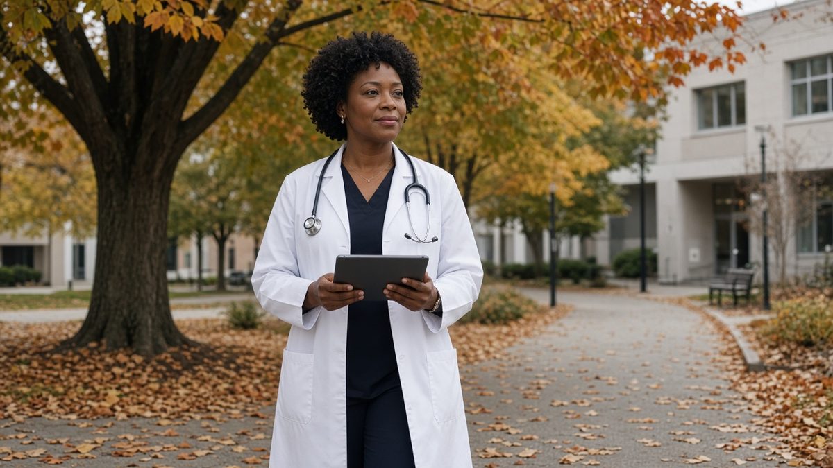 A doctor walks a tree-lined clinic path holding a dark-screen tablet.