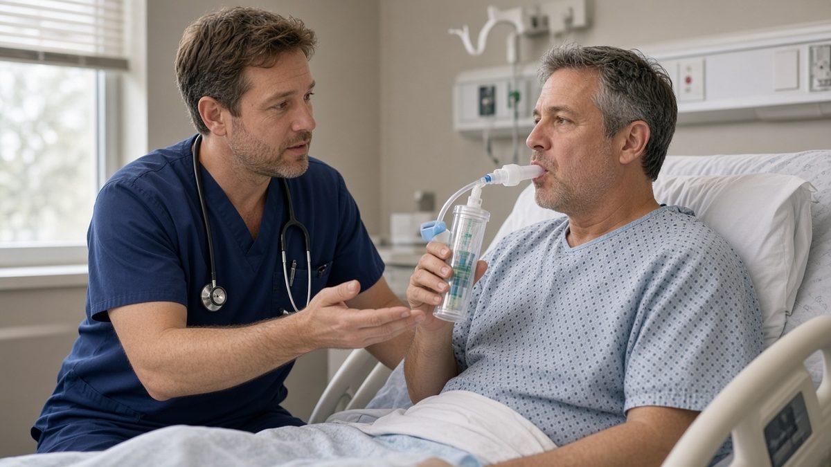 A clinician teaches incentive-spirometer use to an adult patient.