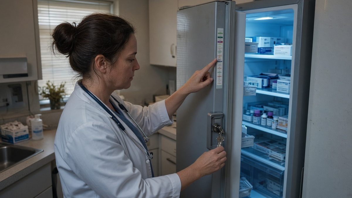 A rural doctor checks a vaccine fridge temperature strip in soft cool light.