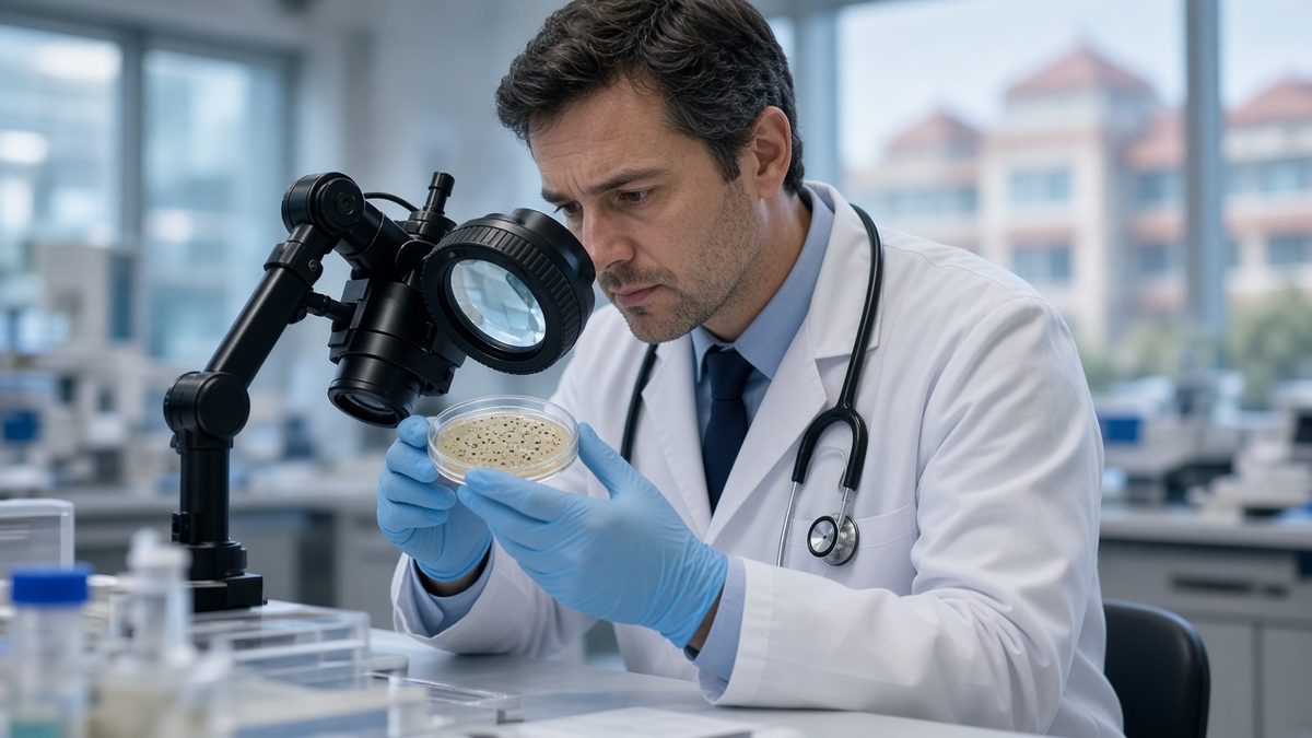 A research physician examines a sealed culture plate under a lab magnifier.