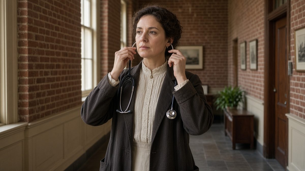 A doctor adjusts stethoscope earpieces in a brick clinic hallway.