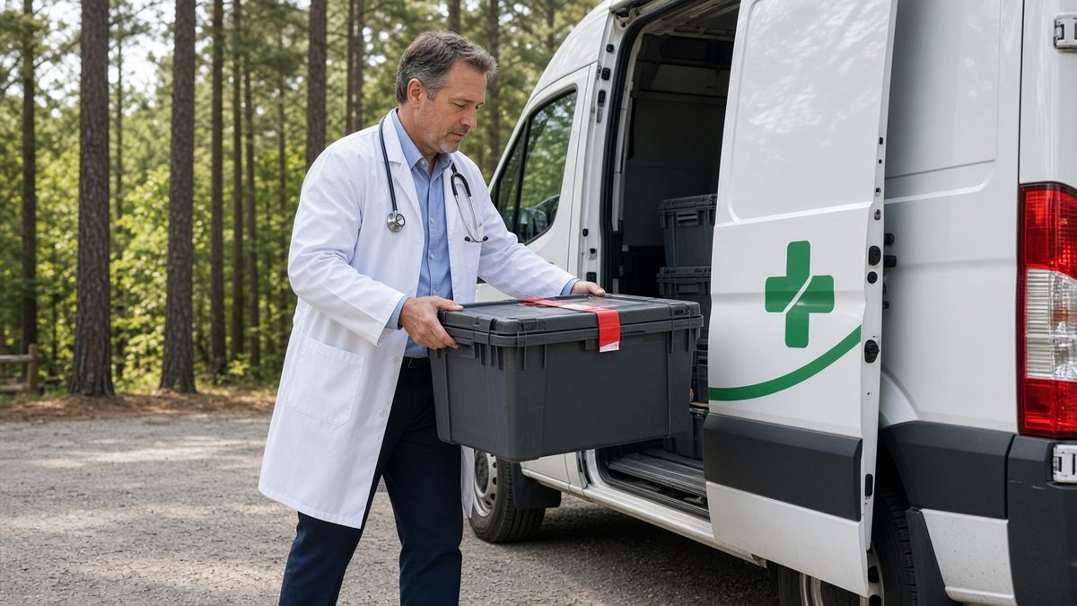 A doctor loads sealed medication crates into a county clinic van.