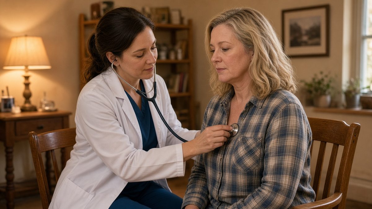A physician listens to an adult patient chest with a stethoscope in a warm clinic room.