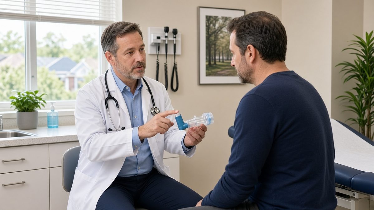 A family doctor demonstrates inhaler spacer use to an adult patient.