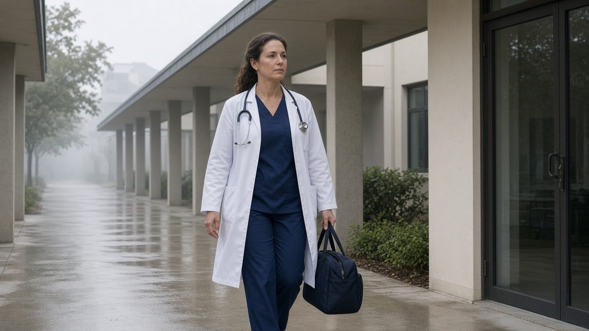 A doctor walks a covered clinic breezeway carrying a medication tote.