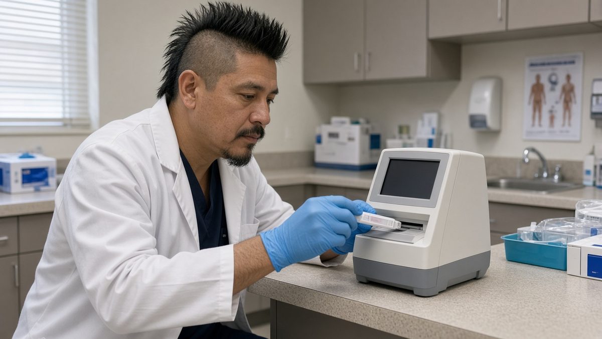 A clinician inserts a sealed rapid-test cartridge into a blank-display reader.