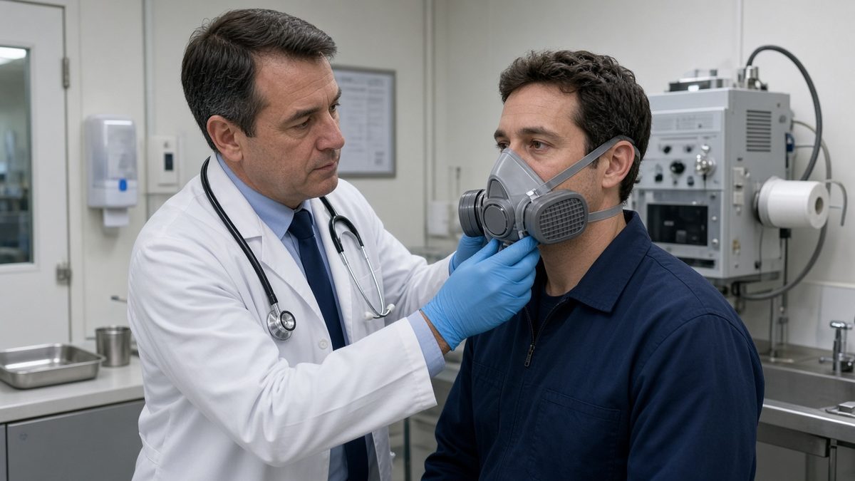 An occupational doctor fit-tests a respirator mask on an adult worker.