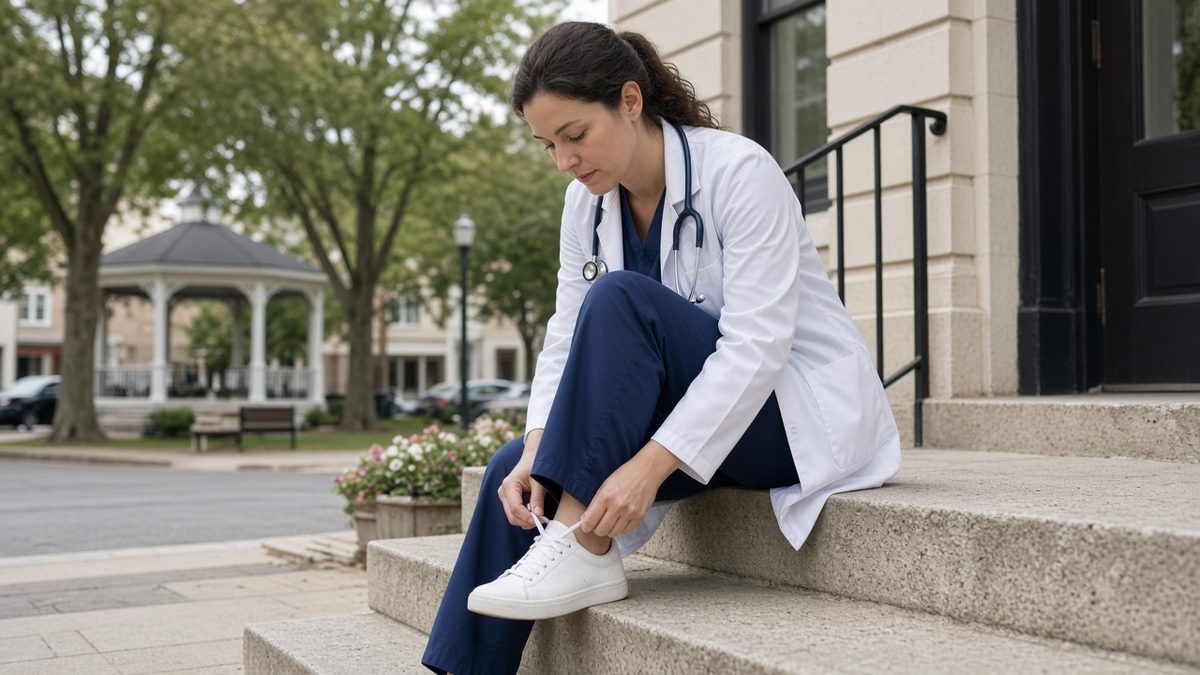 A doctor sits on a clinic stoop tying her shoes before morning rounds.