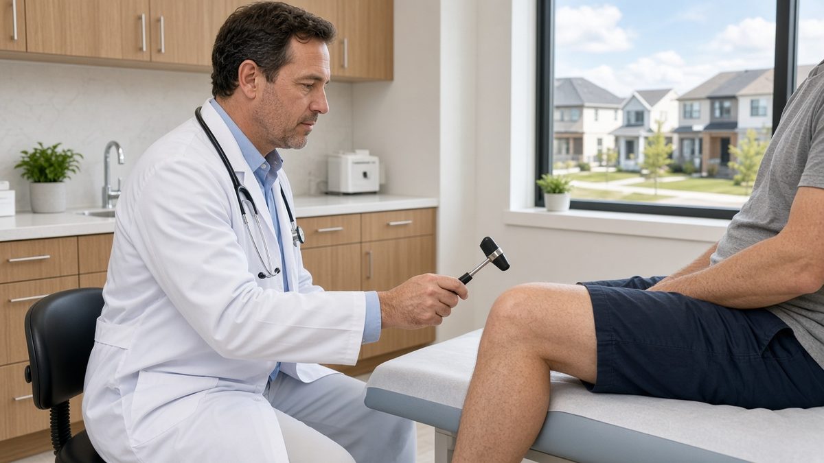 A family physician tests a knee reflex with a hammer on an adult patient.
