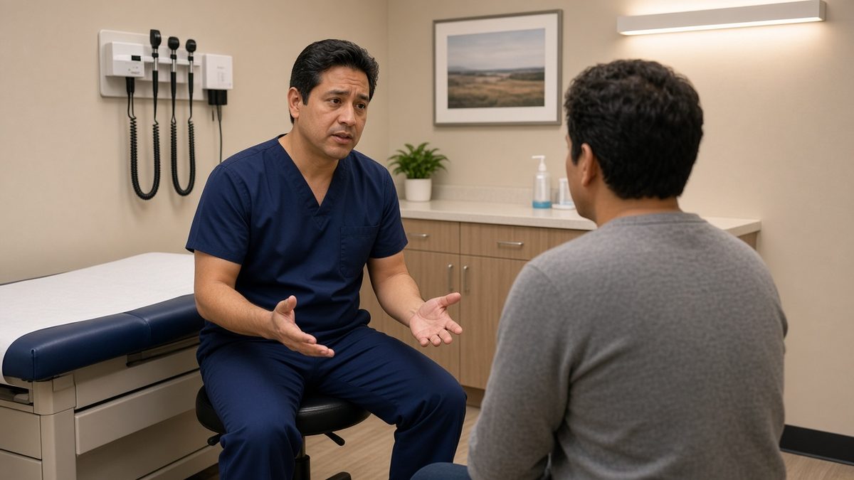 A Hispanic male doctor in navy scrubs sits across from a patient in an exam room, gesturing mid-counseling.