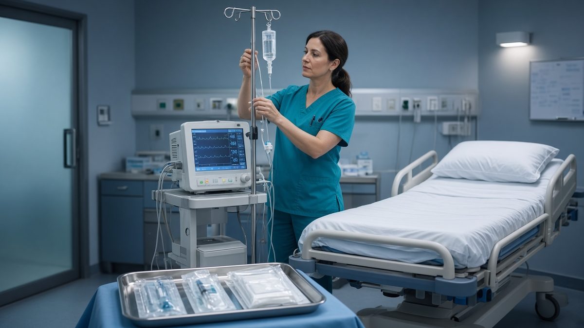 A nurse practitioner in teal scrubs adjusts an IV pole and monitor cart beside an empty stretcher.