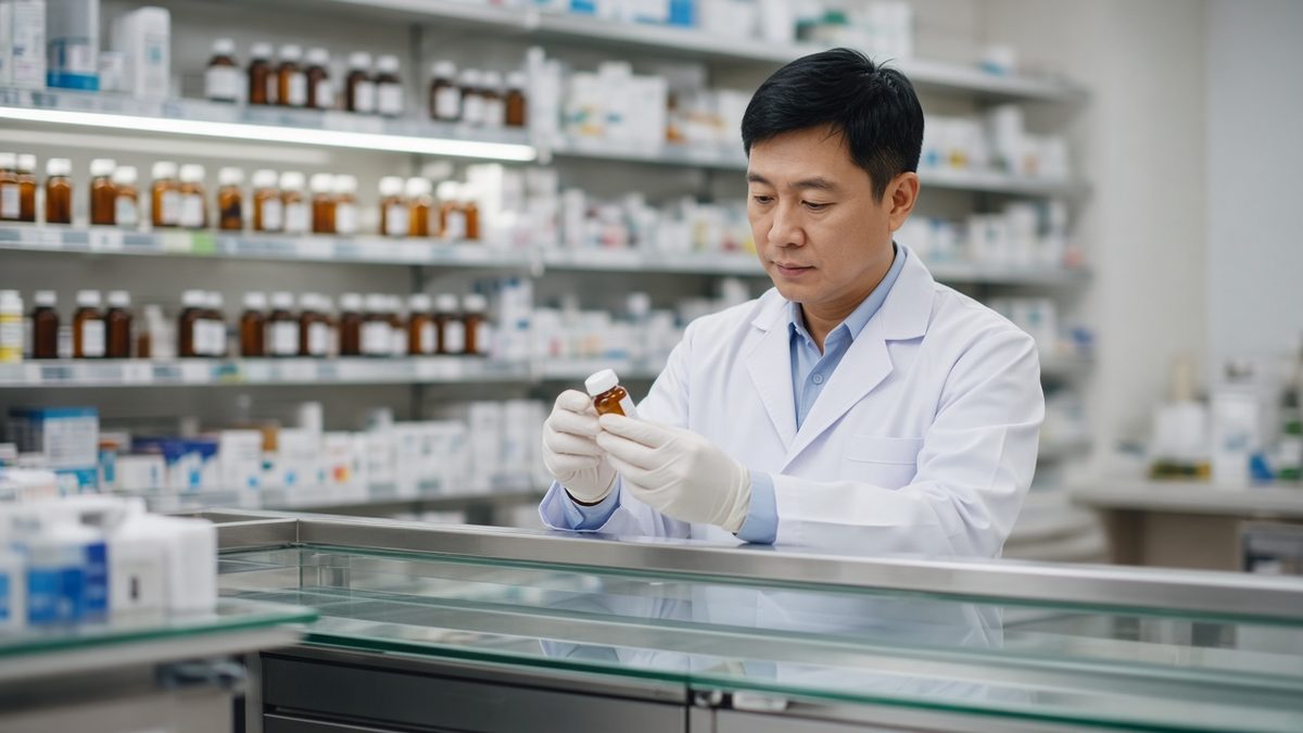 An Asian male pharmacist in a white coat reviews a prescription vial behind a pharmacy counter.