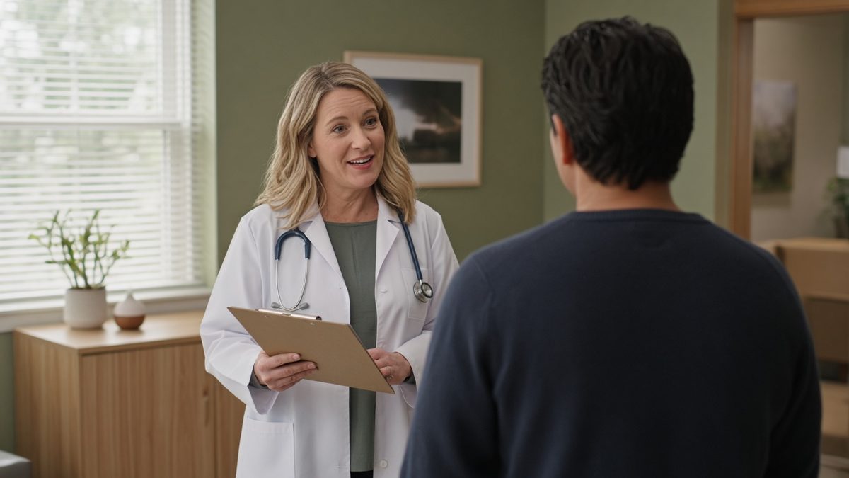 A female physician at a standing clinic desk speaks with a visitor while holding a blank clipboard.