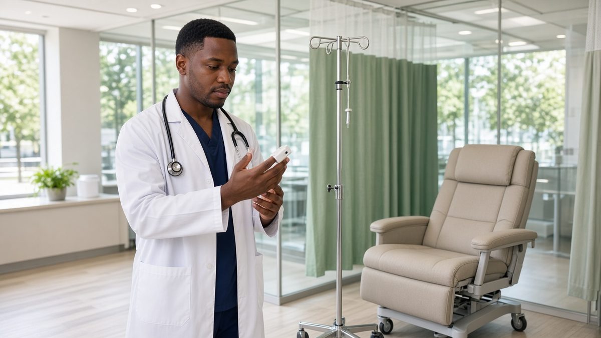 A young Black male physician stands beside an infusion chair and IV stand checking a pulse oximeter.