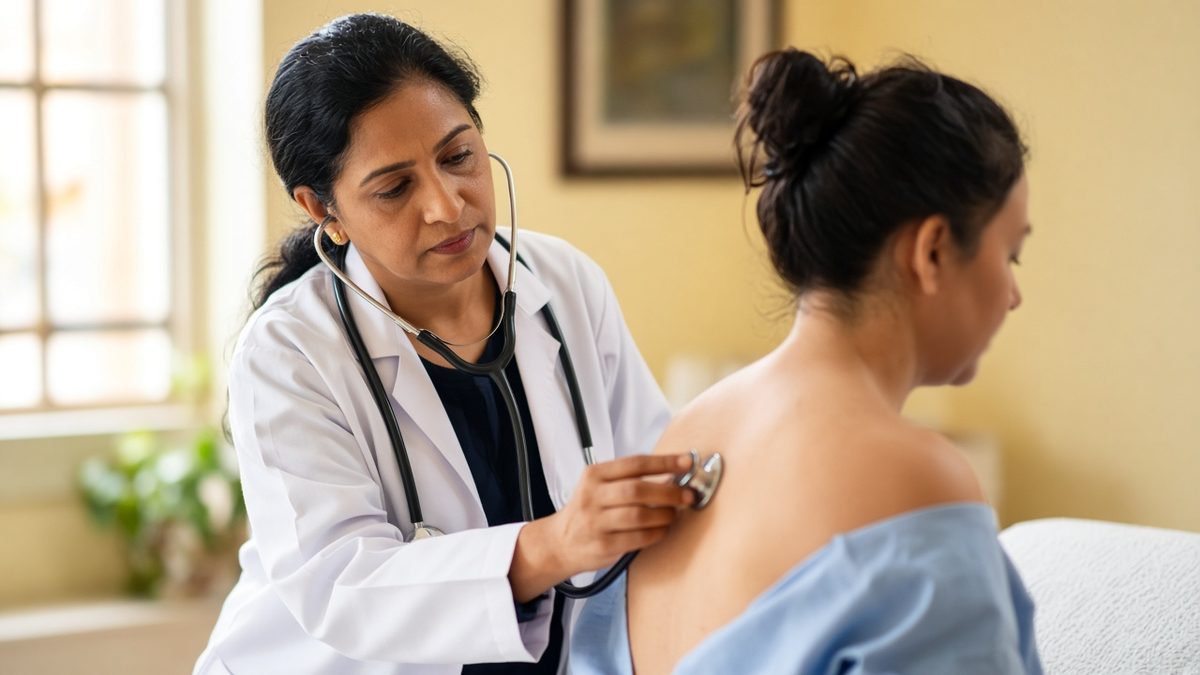 A South Asian female doctor listens with a stethoscope to a seated patient upper back in a sunlit exam room.