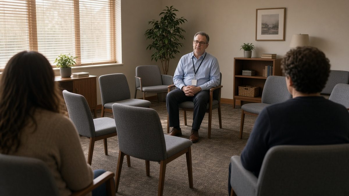 A middle-aged male clinician sits in a circle of chairs facilitating a calm group counseling session.