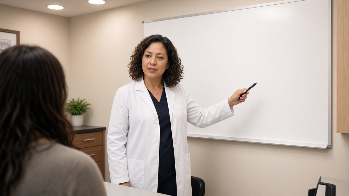 A Latina physician stands before a blank whiteboard pointing with a pen during a consultation.